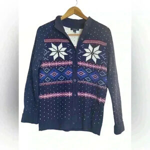 Lands’‎ End Women’s Navy Blue Fair Isle Button Up Cardigan Medium Wool Blend